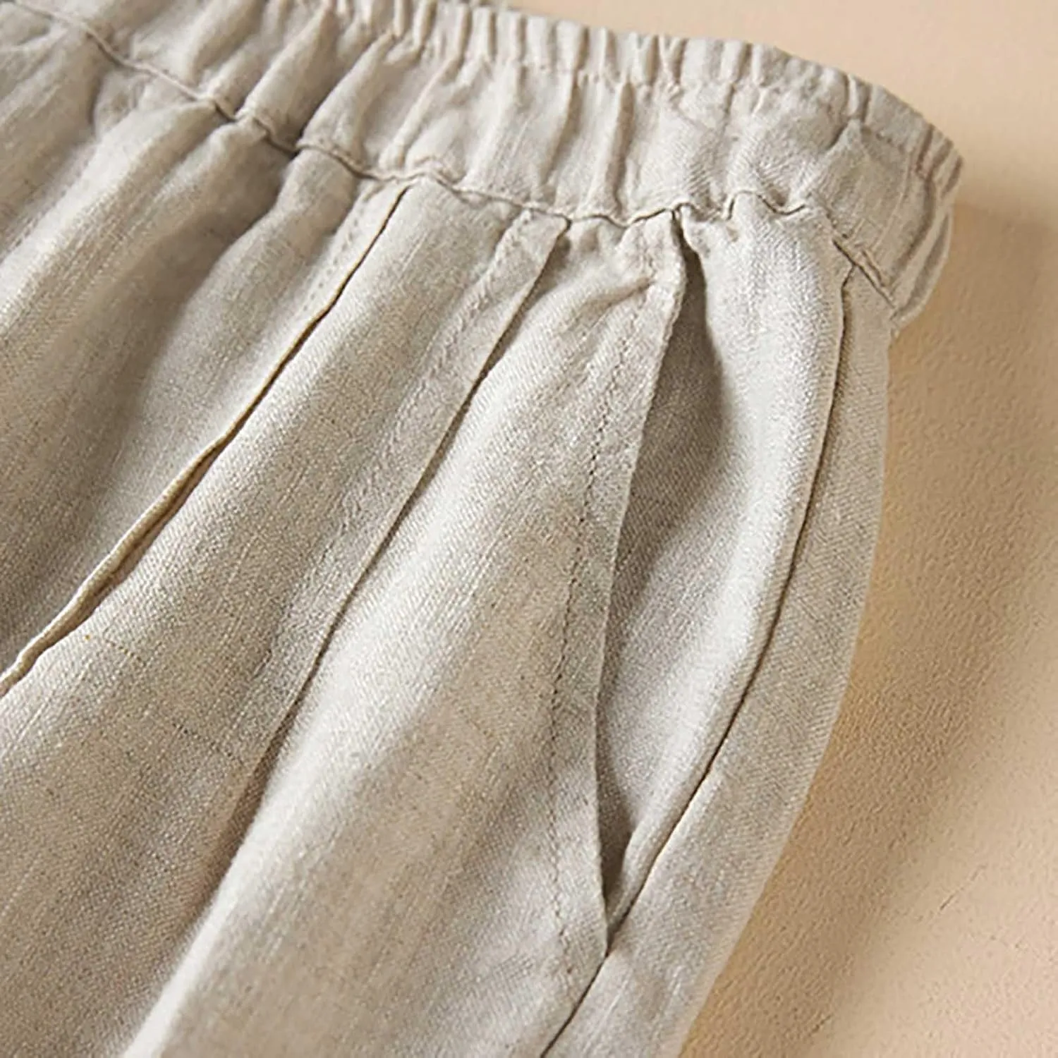 Summer Cotton Linen Pants for Women Lace Trim Casual Pants Lounge Loose Beach Trousers Slacks with Pocket