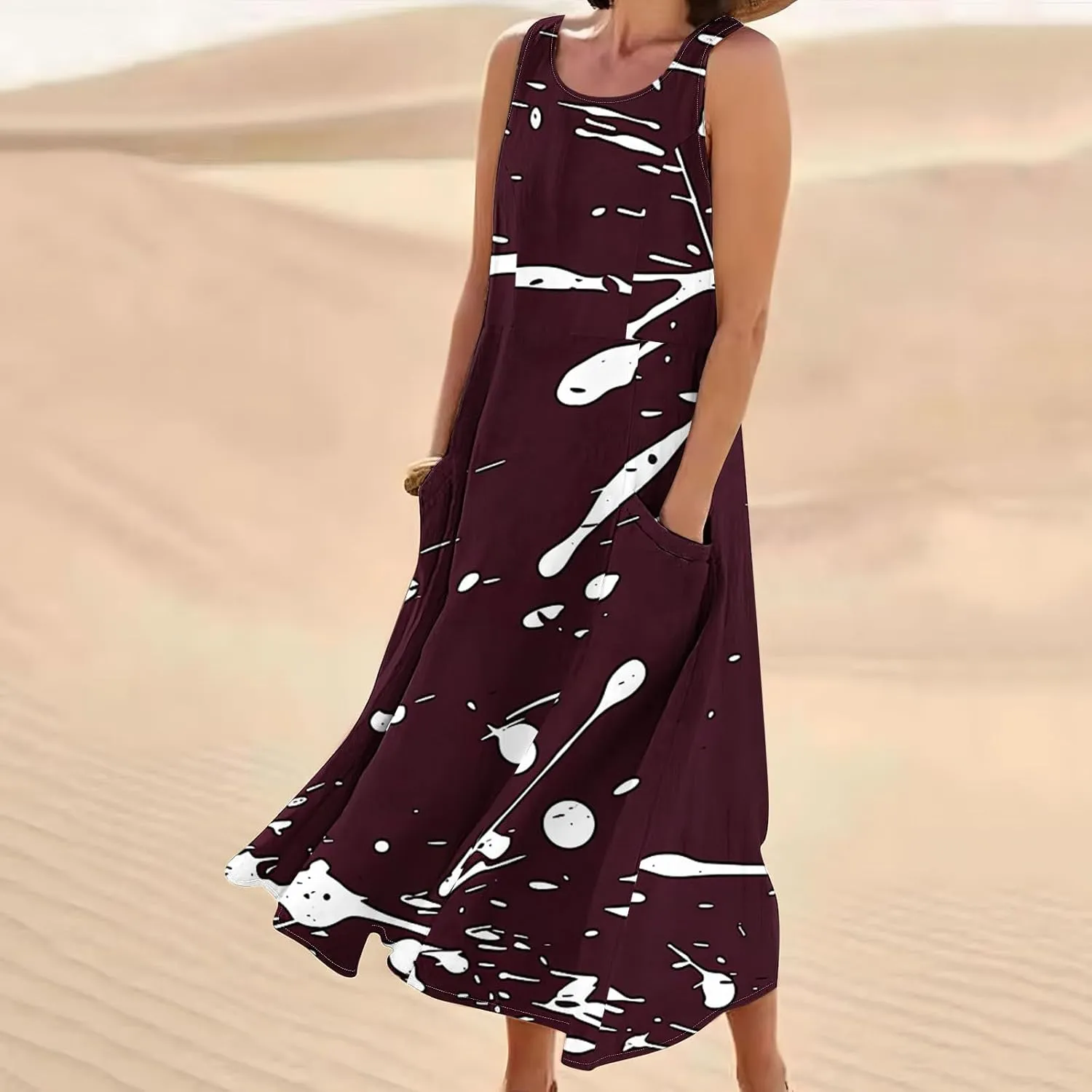 Summer Dresses for Women 2025 Cotton Linen Maxi Tank Dress Fashion Floral Beach Sundresses Spring Boho Outfits with Pockets