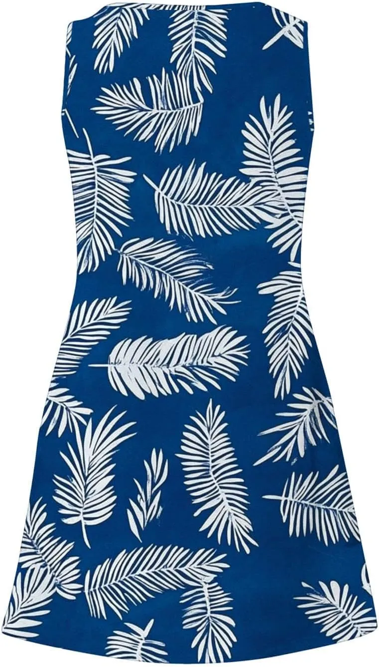 Summer Dresses for Women's Casual Beach Boho Dress Sleeveless Crewneck Tank Dress Loose Short Sundresses with Pockets