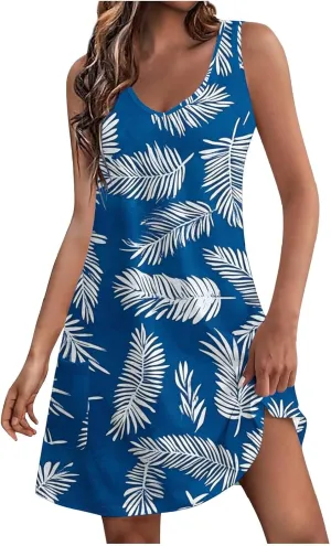 Summer Dresses for Women's Casual Beach Boho Dress Sleeveless Crewneck Tank Dress Loose Short Sundresses with Pockets