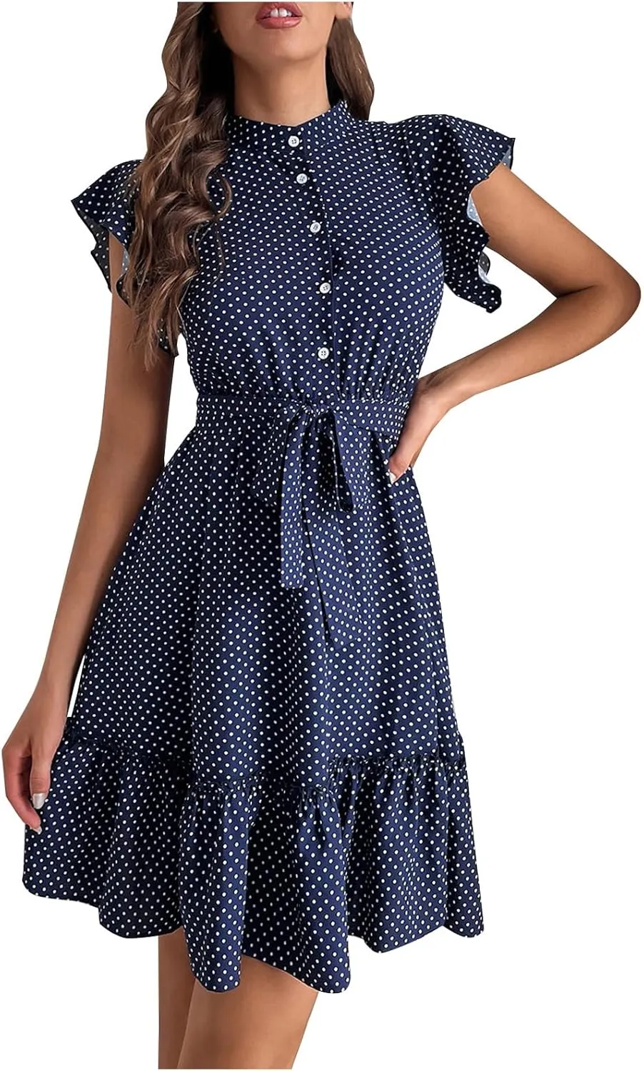 Summer Dresses Womens Button Round Neck Tunic Ruffle Short Sleeve A-Line Tiered Babydoll Beach Dress Flowy Mini Dress