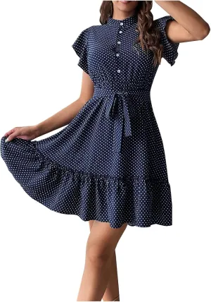 Summer Dresses Womens Button Round Neck Tunic Ruffle Short Sleeve A-Line Tiered Babydoll Beach Dress Flowy Mini Dress