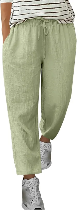 Summer Linen Pants for Women Wide Leg High Waisted Pant Drawstring Lounge Pants Beach Trouser with Pockets