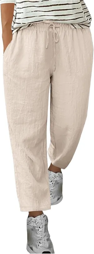 Summer Linen Pants for Women Wide Leg High Waisted Pant Drawstring Lounge Pants Beach Trouser with Pockets