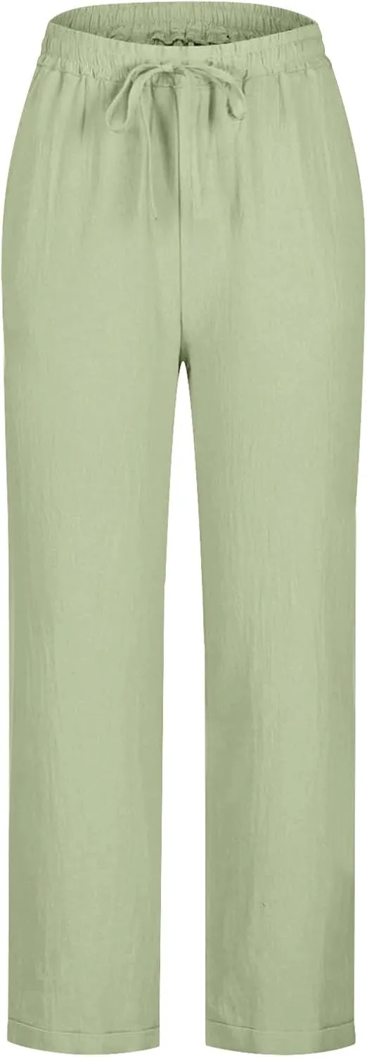 Summer Linen Pants for Women Wide Leg High Waisted Pant Drawstring Lounge Pants Beach Trouser with Pockets