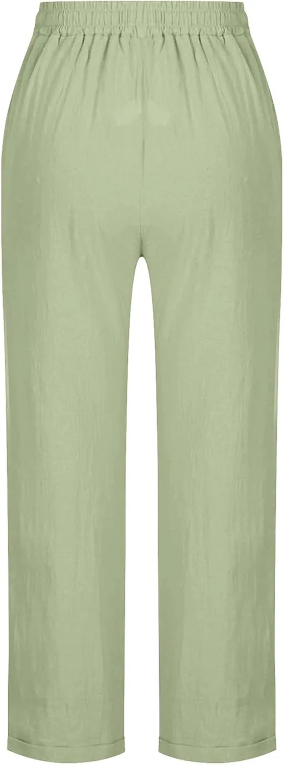 Summer Linen Pants for Women Wide Leg High Waisted Pant Drawstring Lounge Pants Beach Trouser with Pockets