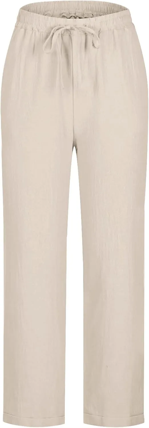 Summer Linen Pants for Women Wide Leg High Waisted Pant Drawstring Lounge Pants Beach Trouser with Pockets