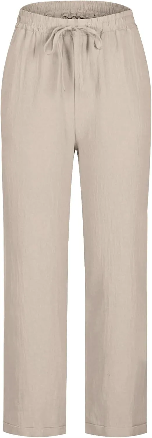 Summer Linen Pants for Women Wide Leg High Waisted Pant Drawstring Lounge Pants Beach Trouser with Pockets