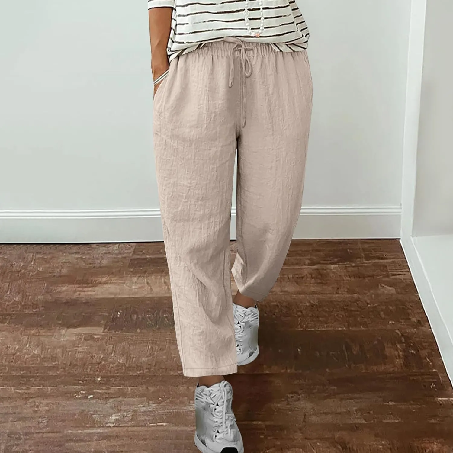 Summer Linen Pants for Women Wide Leg High Waisted Pant Drawstring Lounge Pants Beach Trouser with Pockets