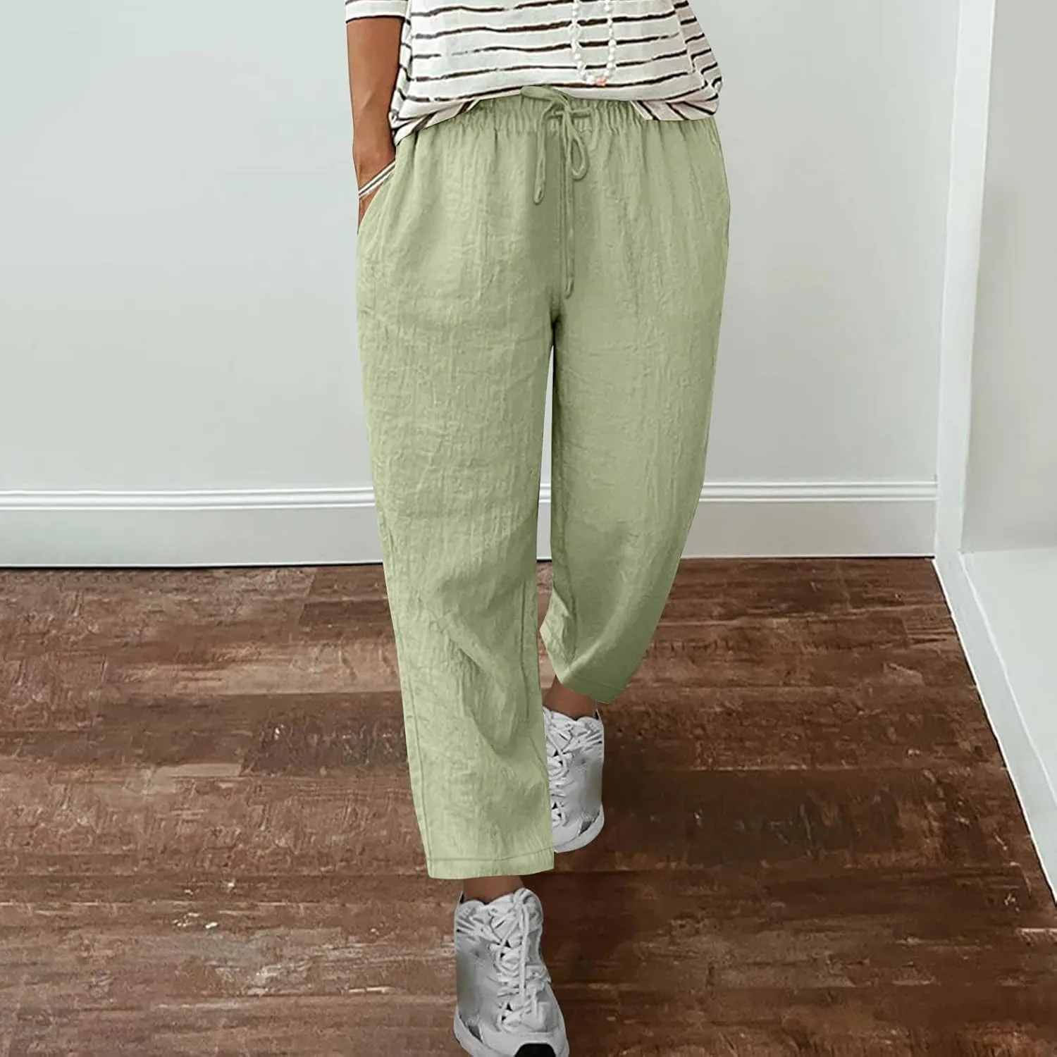 Summer Linen Pants for Women Wide Leg High Waisted Pant Drawstring Lounge Pants Beach Trouser with Pockets