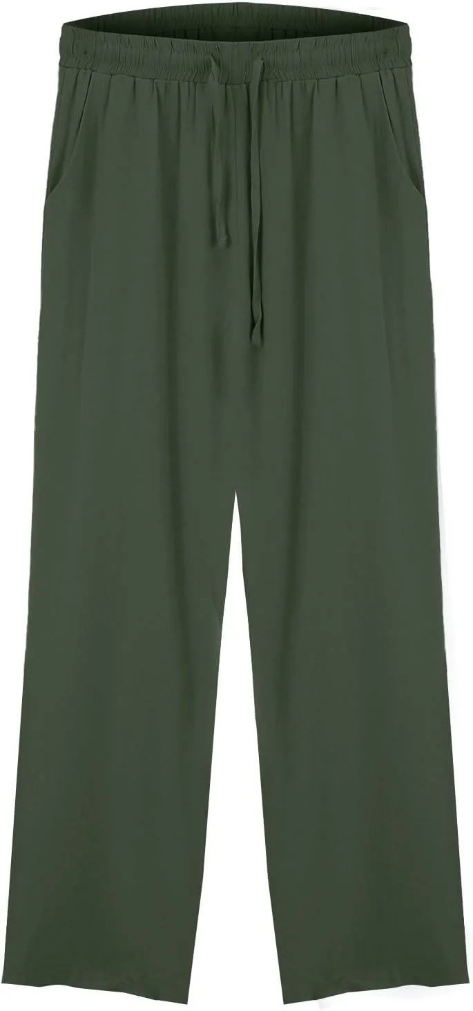 Summer Linen Pants for Women Wide Leg Palazzo Flowy Pants Casual Loose High Waisted Drawstring Solid Lounge Trousers