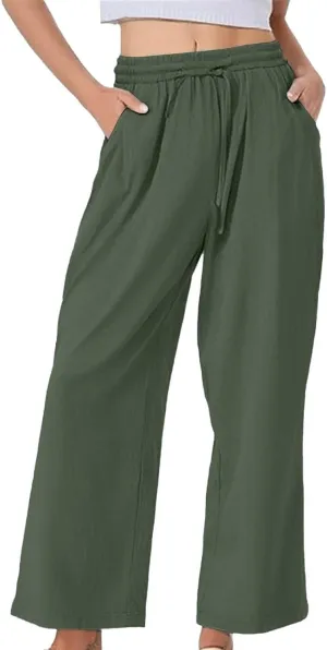 Summer Linen Pants for Women Wide Leg Palazzo Flowy Pants Casual Loose High Waisted Drawstring Solid Lounge Trousers
