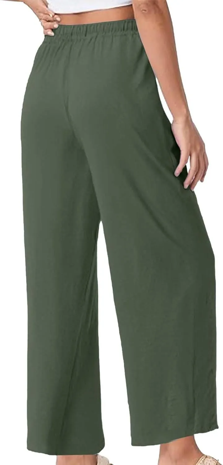 Summer Linen Pants for Women Wide Leg Palazzo Flowy Pants Casual Loose High Waisted Drawstring Solid Lounge Trousers