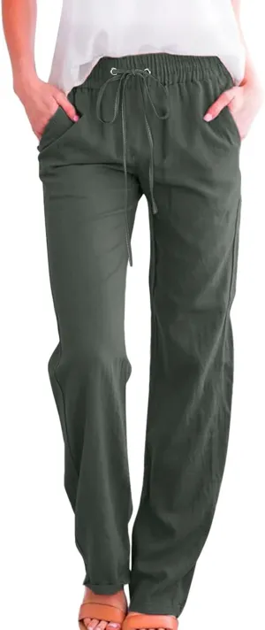 Summer Linen Pants Women Casual Lightweight Loose Lounge Trouser Drawstring Elastic High Waist Comfy Palazzo Long Pant
