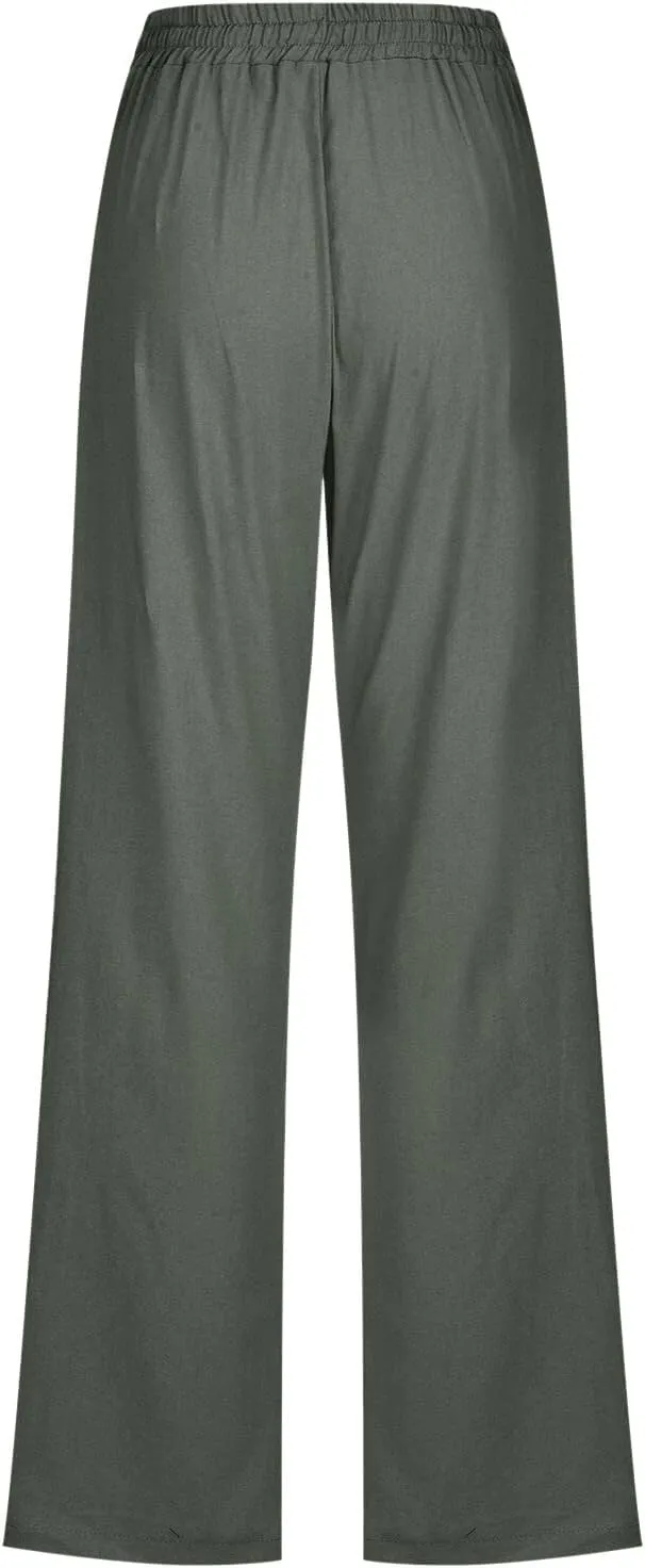 Summer Linen Pants Women Casual Lightweight Loose Lounge Trouser Drawstring Elastic High Waist Comfy Palazzo Long Pant
