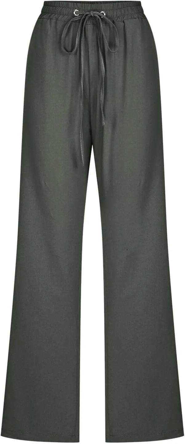 Summer Linen Pants Women Casual Lightweight Loose Lounge Trouser Drawstring Elastic High Waist Comfy Palazzo Long Pant