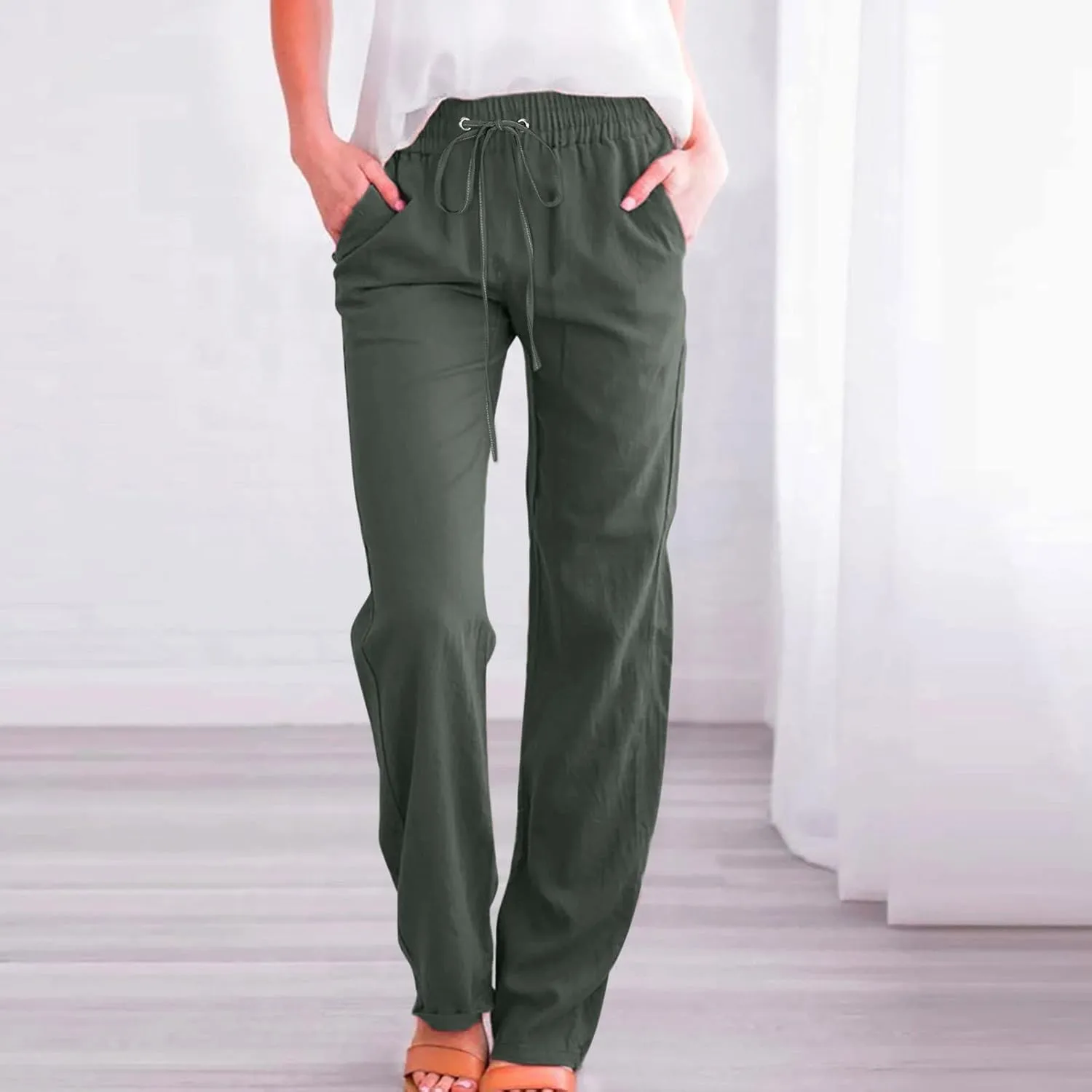 Summer Linen Pants Women Casual Lightweight Loose Lounge Trouser Drawstring Elastic High Waist Comfy Palazzo Long Pant