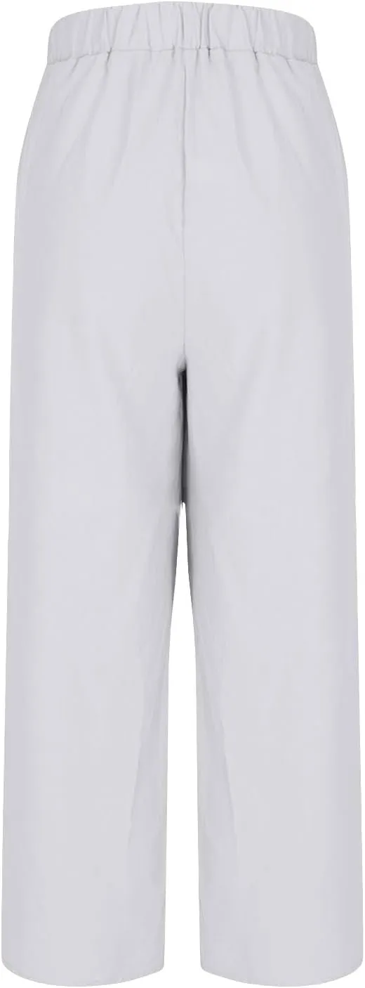 Summer Linen Trousers for Women Wide Leg Elastic Waist Button Fly Loose Trousers Casual Beach Work Pants with Pockets