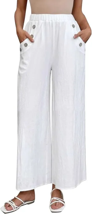 Summer Linen Trousers for Women Wide Leg Elastic Waist Button Fly Loose Trousers Casual Beach Work Pants with Pockets