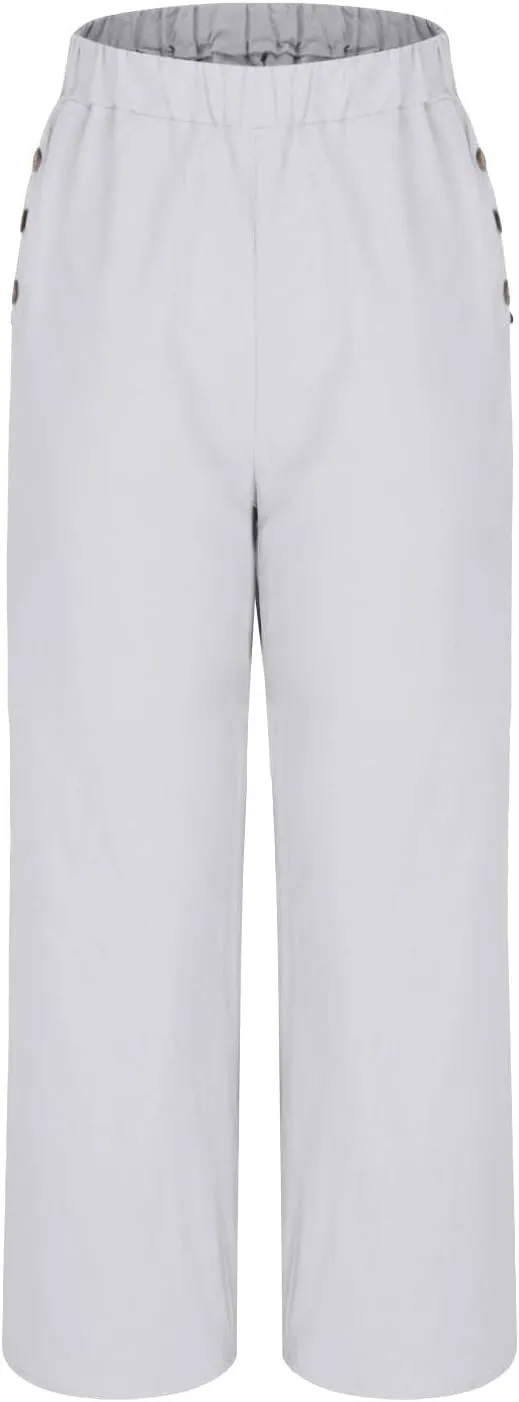 Summer Linen Trousers for Women Wide Leg Elastic Waist Button Fly Loose Trousers Casual Beach Work Pants with Pockets