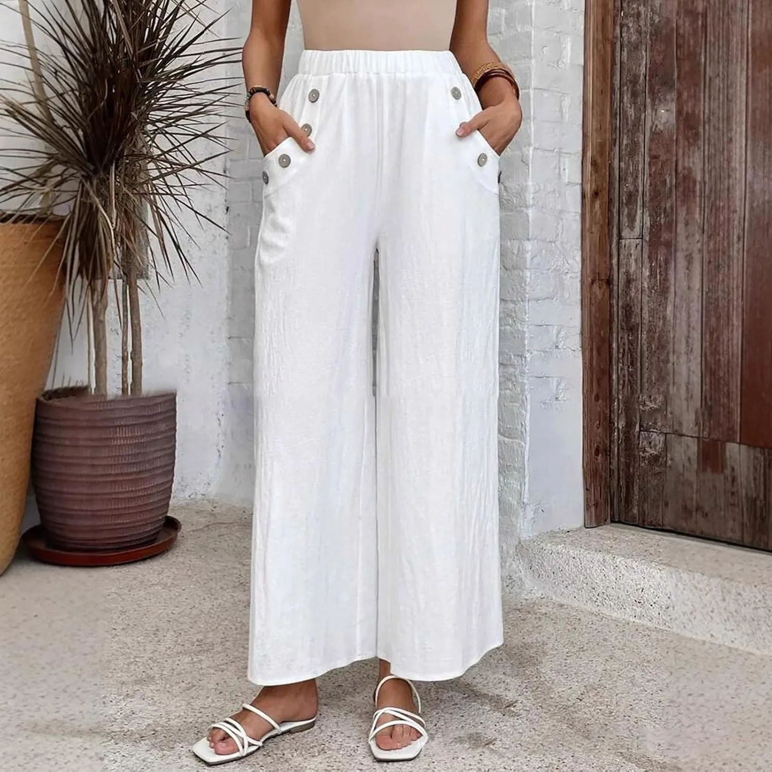 Summer Linen Trousers for Women Wide Leg Elastic Waist Button Fly Loose Trousers Casual Beach Work Pants with Pockets