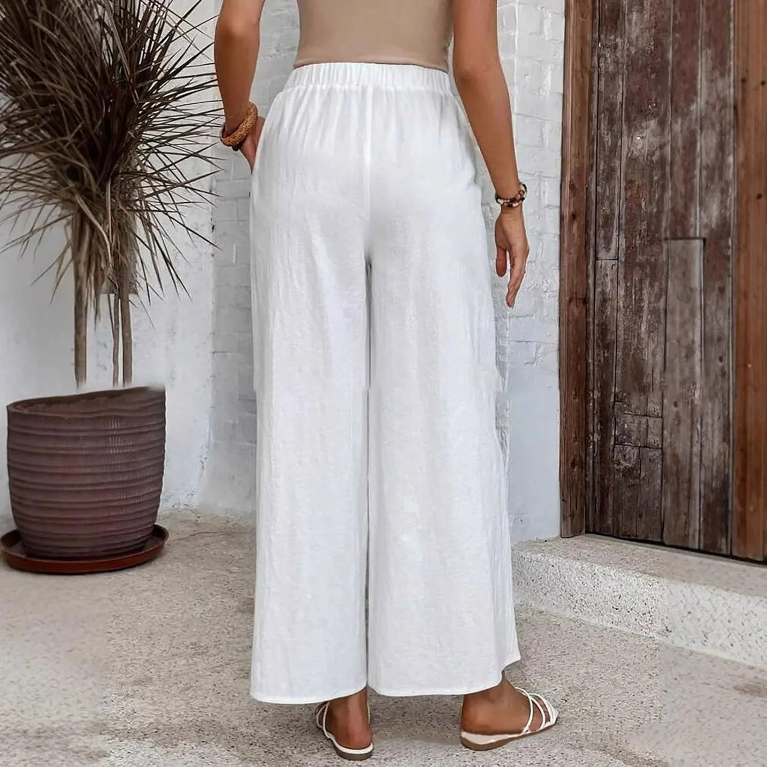 Summer Linen Trousers for Women Wide Leg Elastic Waist Button Fly Loose Trousers Casual Beach Work Pants with Pockets