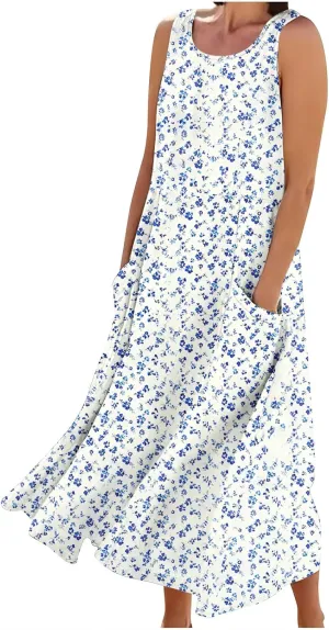 Summer Maxi Dresses for Women 2025 Casual Cotton Linen Floral Dress Spring Plus Size Elegante Beach Dress with Pockets