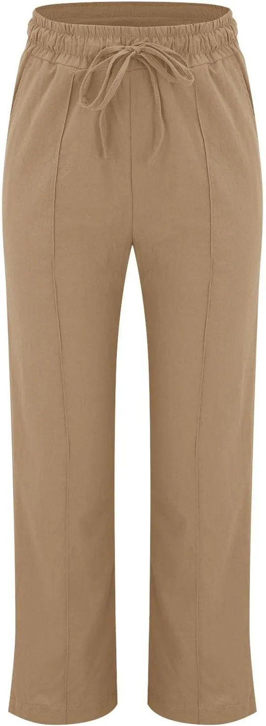 Summer Pants for Women 2025 Vacation Plus Size High Waist Drawstring Straight Leg Trousers Beach Pants with Pockets
