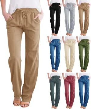 Summer Pants for Women 2025 Vacation Plus Size High Waist Drawstring Straight Leg Trousers Beach Pants with Pockets