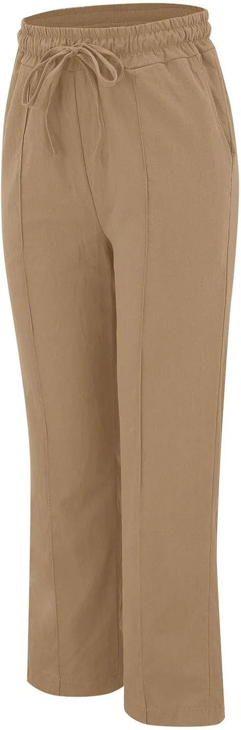 Summer Pants for Women 2025 Vacation Plus Size High Waist Drawstring Straight Leg Trousers Beach Pants with Pockets