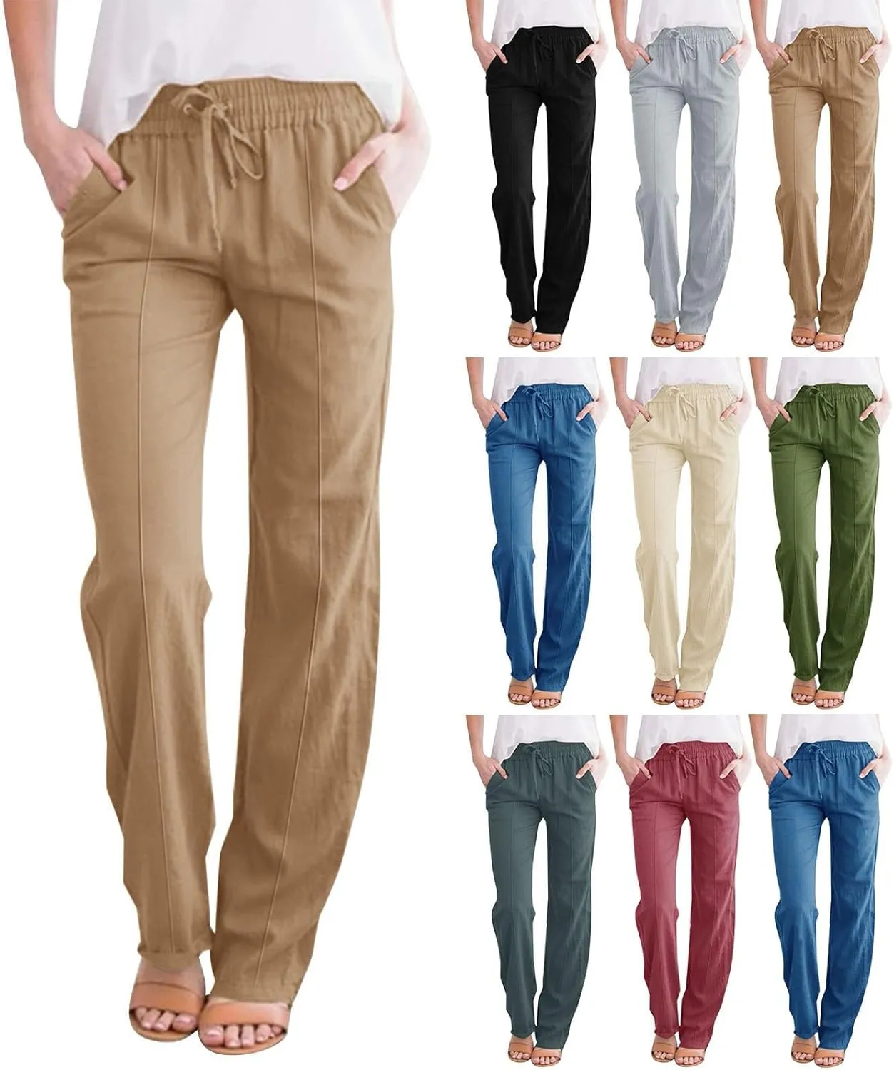 Summer Pants for Women 2025 Vacation Plus Size High Waist Drawstring Straight Leg Trousers Beach Pants with Pockets