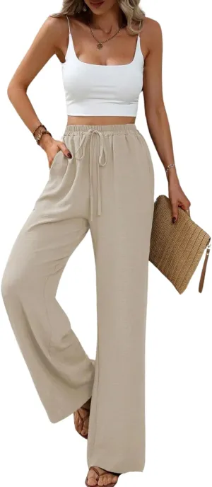 Summer Women's Casual Palazzo Pants Elastic High Waisted Trendy Flowy Wide Leg Beach Trousers with Pockets