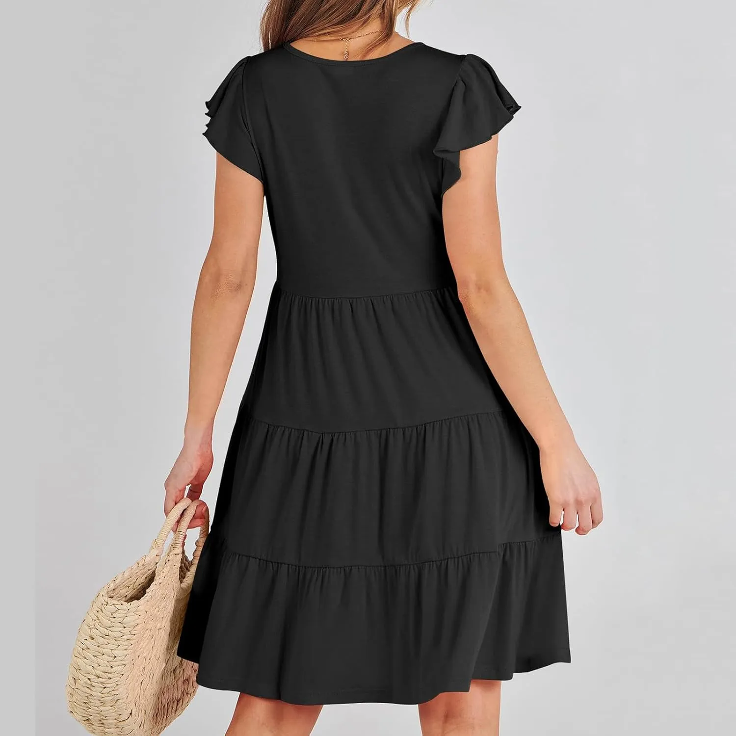 Sundresses for Women Ruffles Cap Sleeve Short Mini Dress Wedding Guest Cute Mini Tiered Babydoll Casual Summer Dress