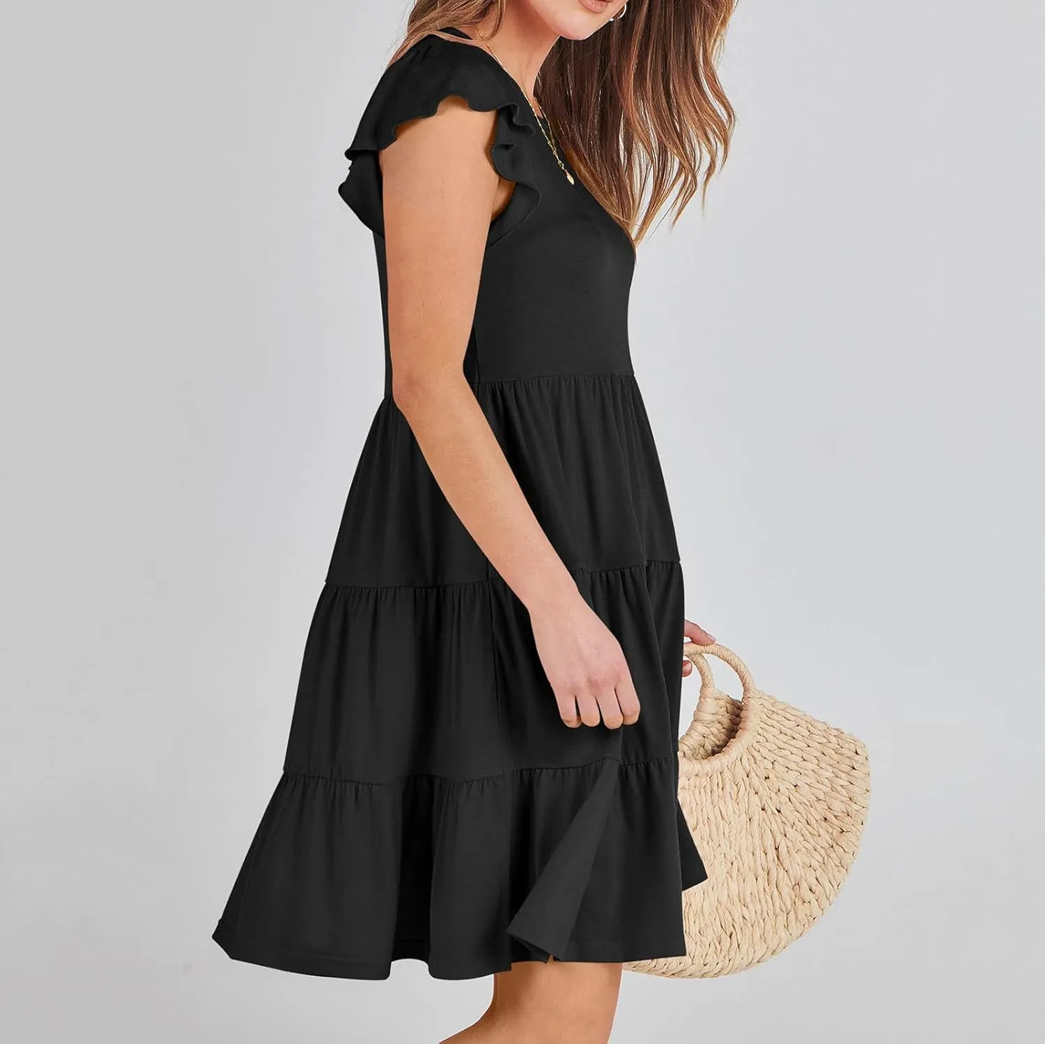 Sundresses for Women Ruffles Cap Sleeve Short Mini Dress Wedding Guest Cute Mini Tiered Babydoll Casual Summer Dress