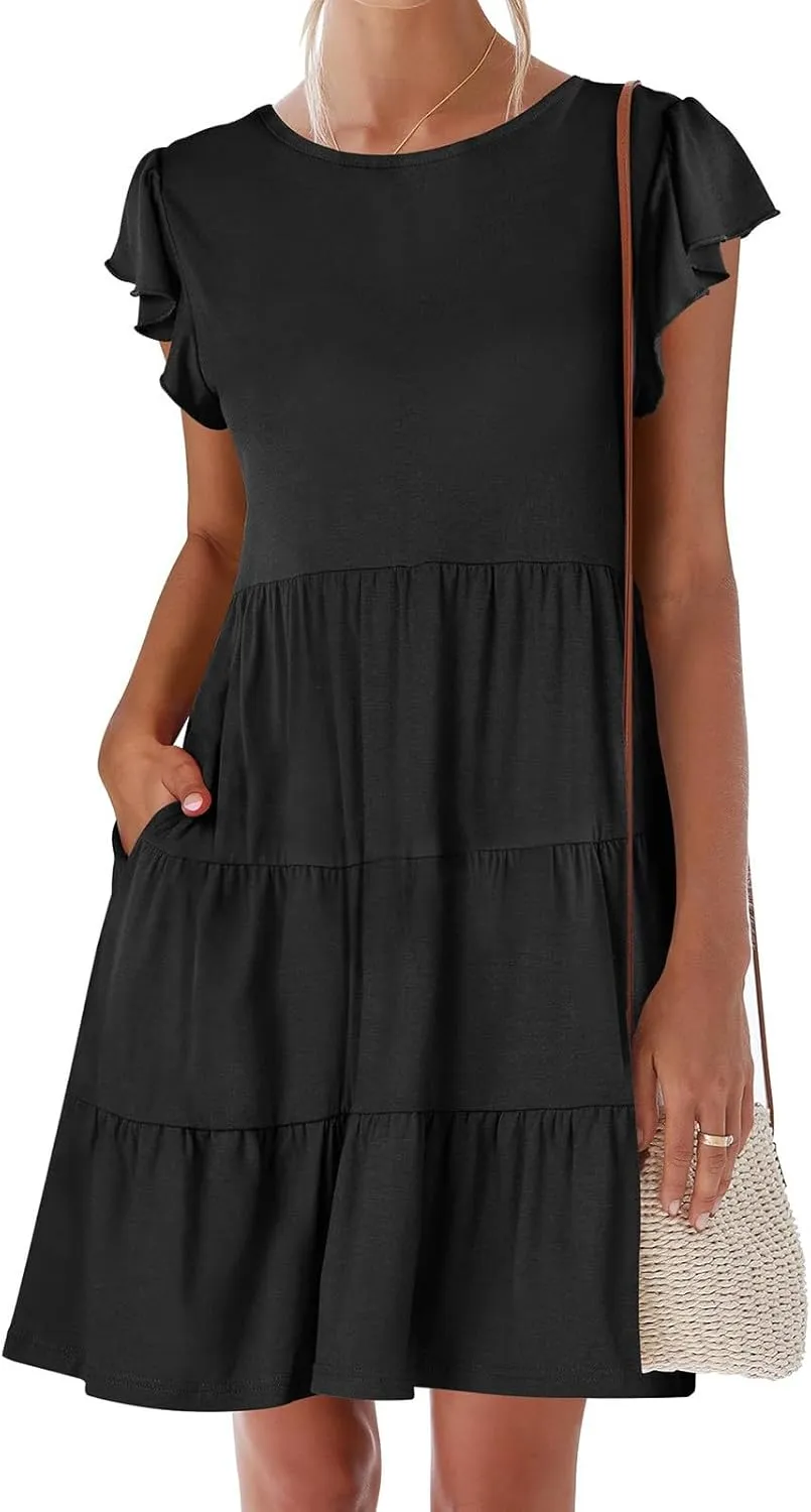 Sundresses for Women Ruffles Cap Sleeve Short Mini Dress Wedding Guest Cute Mini Tiered Babydoll Casual Summer Dress