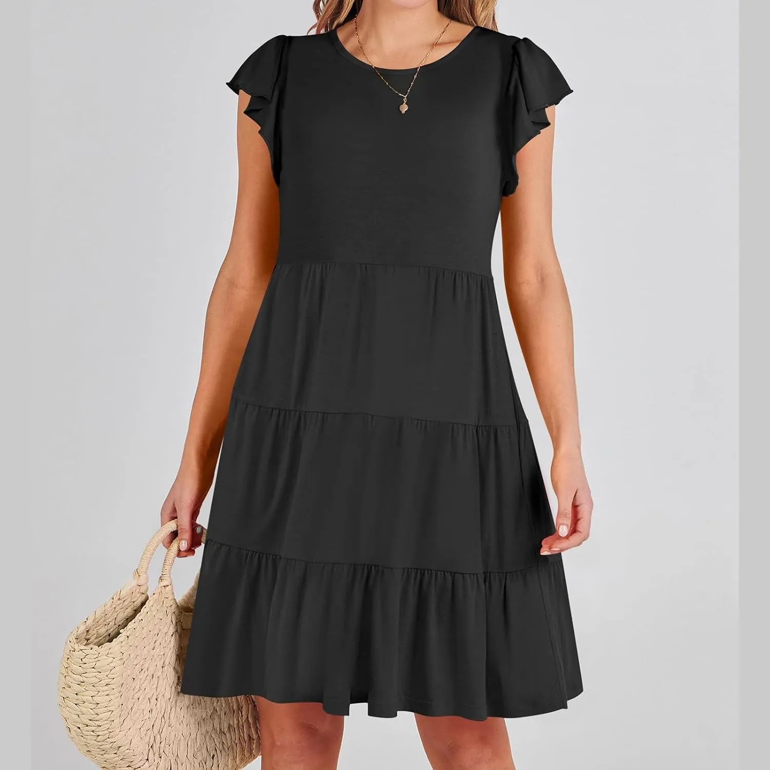 Sundresses for Women Ruffles Cap Sleeve Short Mini Dress Wedding Guest Cute Mini Tiered Babydoll Casual Summer Dress