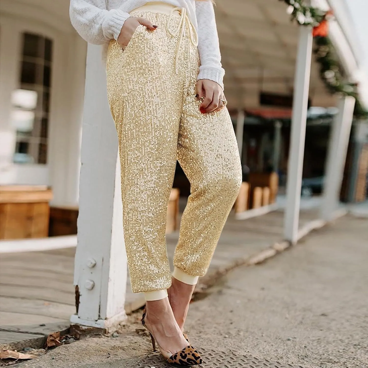Sweatpants for Women Women's Glitter Sequin Trousers High Waist Stretchy Club Shiny Night Out Party Club Trousers