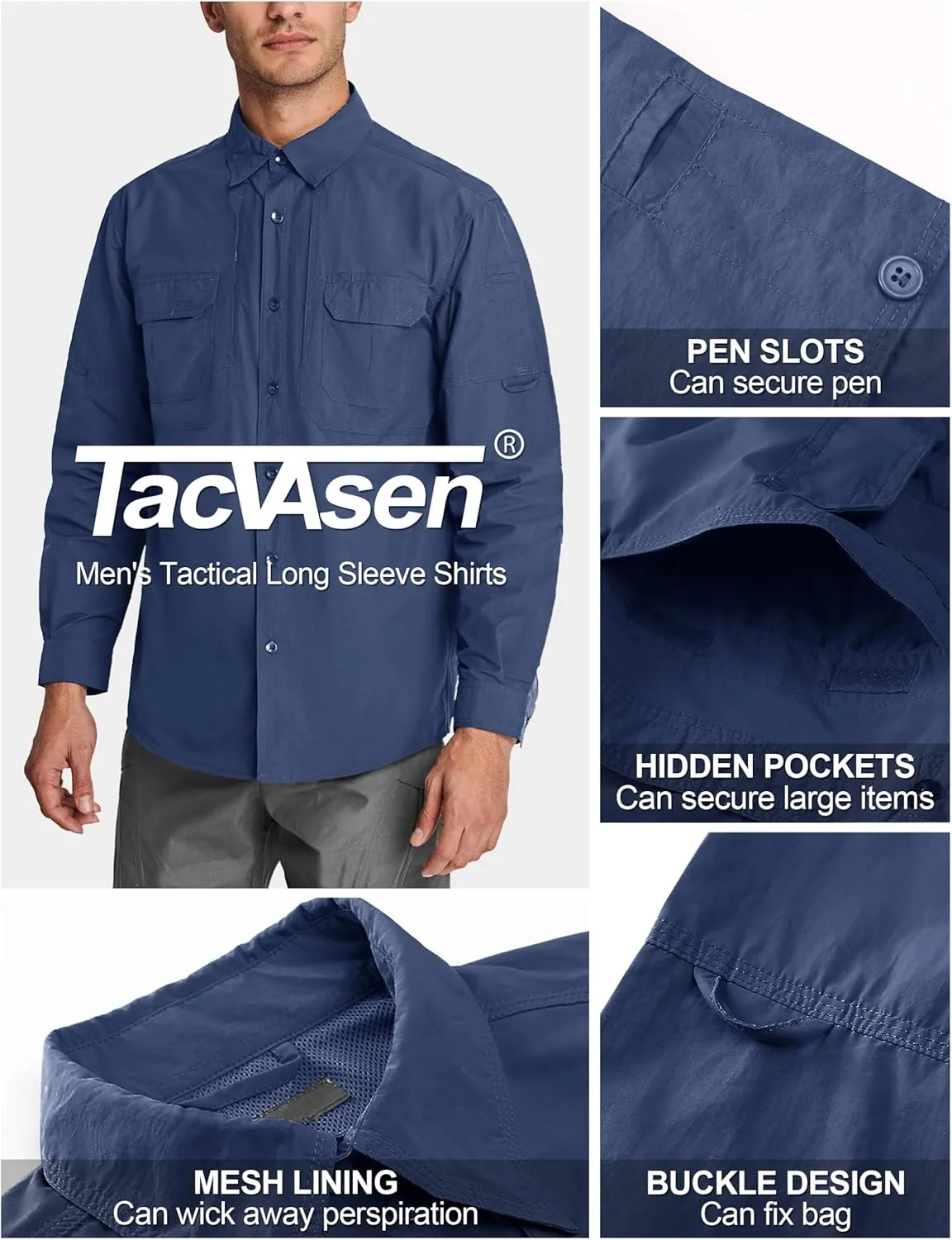 TACVASEN Men's Tactical Shirts Long Sleeve Quick Dry Breathable Button Down Fishing Work Safari Hiking Camping Hunting