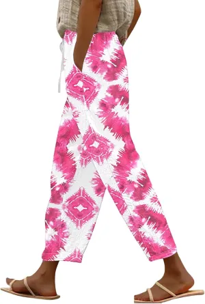 Tie Dye Linen Pants for Women Drawstring Waisted Wide Leg 3D Printed Trousers Summer Beach Lounge Pants with Pockets