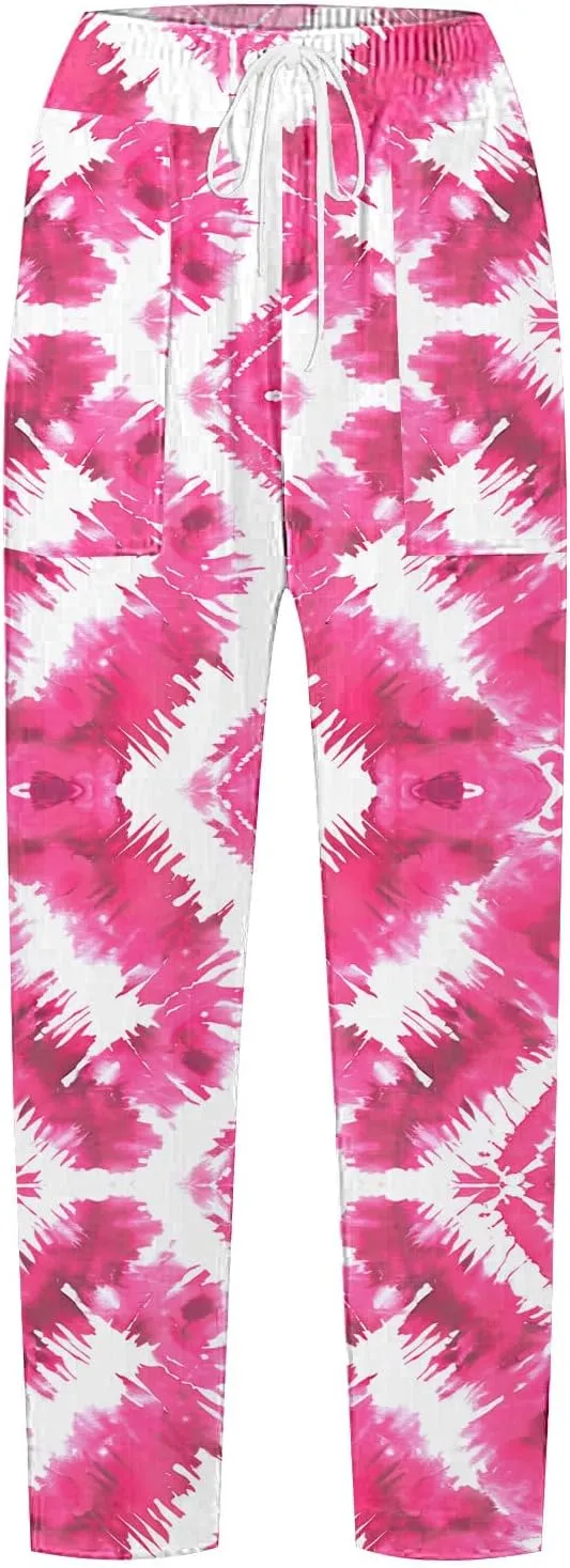 Tie Dye Linen Pants for Women Drawstring Waisted Wide Leg 3D Printed Trousers Summer Beach Lounge Pants with Pockets