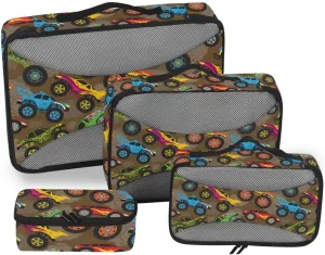 Travel Packing Cubes 4 Set Suitcase Organizer Bags Luggage Packing Organizers Packing Cuves Cartoon Monster Cars