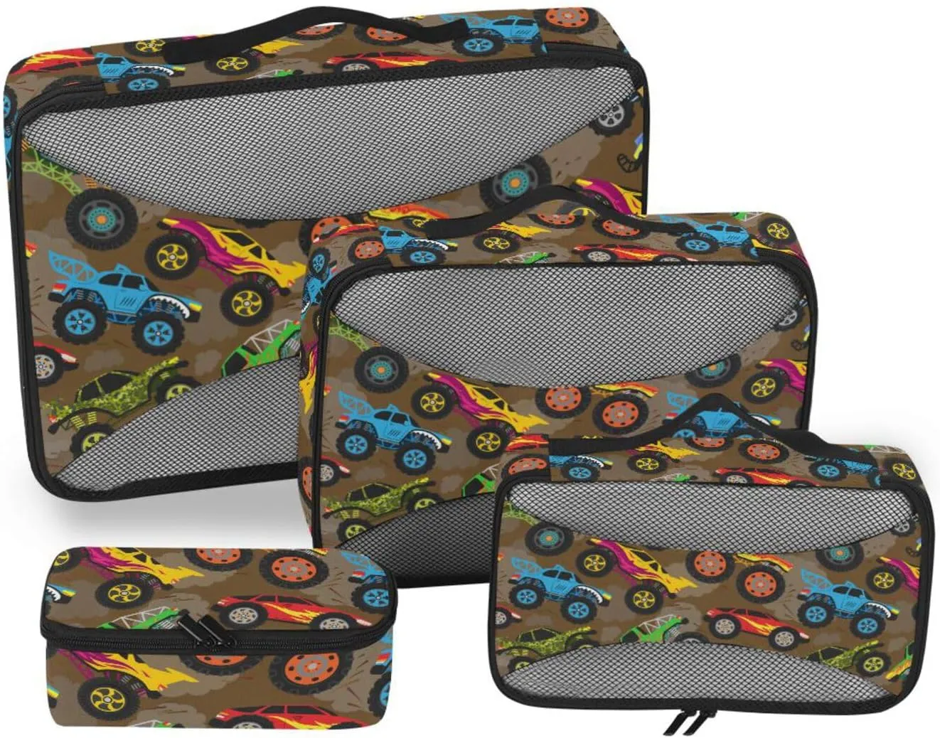 Travel Packing Cubes 4 Set Suitcase Organizer Bags Luggage Packing Organizers Packing Cuves Cartoon Monster Cars