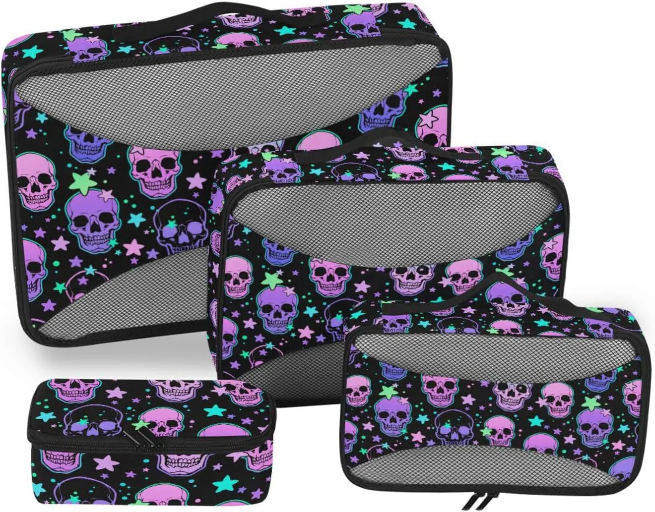 Travel Packing Cubes Set of 4 Luggage Bags Organizers Suitcase Organizers Pqcking Cubes Halloween Human Skulls Neon Stars