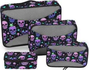 Travel Packing Cubes Set of 4 Luggage Bags Organizers Suitcase Organizers Pqcking Cubes Halloween Human Skulls Neon Stars