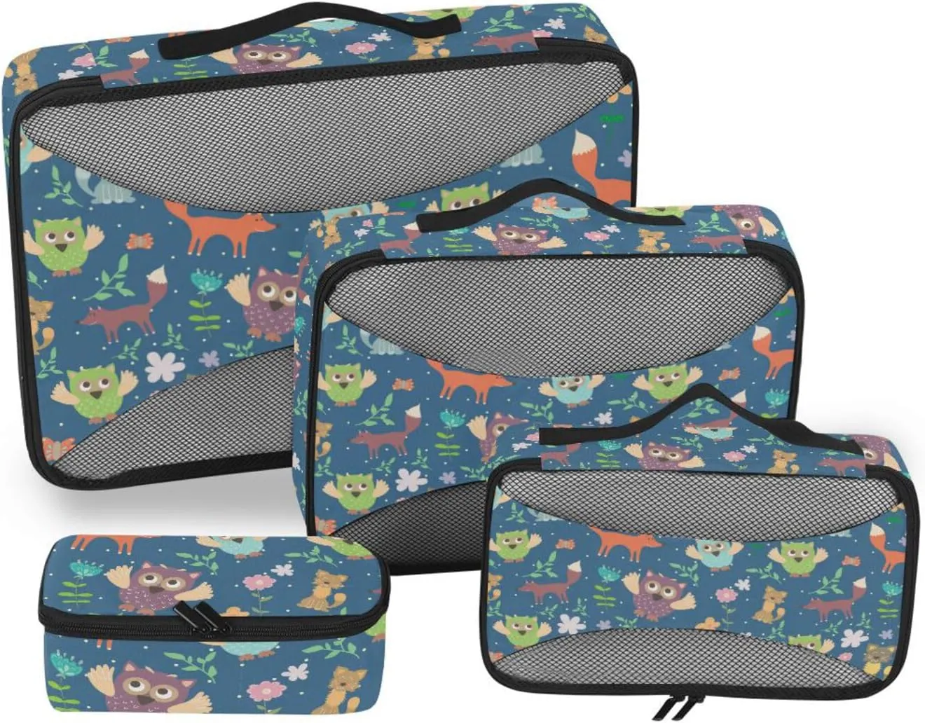 Travel Packing Cubes Set of 4 Luggage Cubes for Packing Luggage Packing Organizers Packing Cube Foxes Owls and Flowers