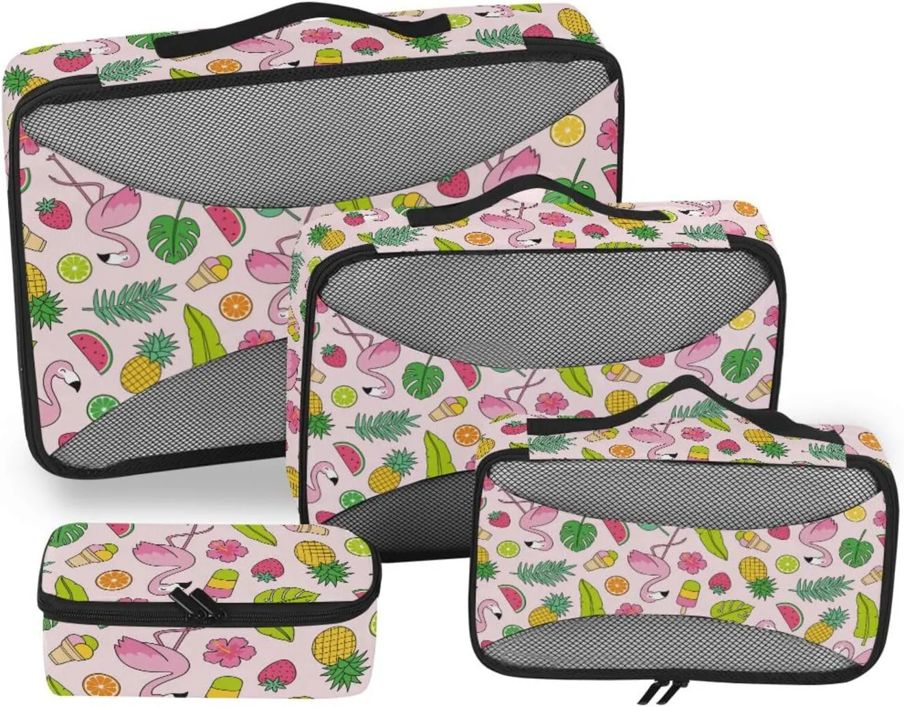Travel Packing Organizers 4 Set Luggage Cubes Suitcase Cubes for Packing Packing Cunes Pink Flamingos Fruits Flowers