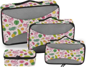 Travel Packing Organizers 4 Set Luggage Cubes Suitcase Cubes for Packing Packing Cunes Pink Flamingos Fruits Flowers