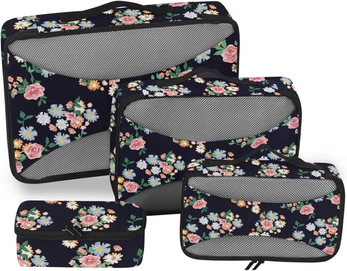 Travel Packing Organizers 4 Set Suitcase Organizer Bags Suitcase Cubes for Packing Pcking Cubes Floral on Black