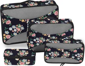 Travel Packing Organizers 4 Set Suitcase Organizer Bags Suitcase Cubes for Packing Pcking Cubes Floral on Black