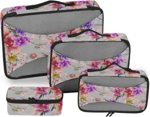 Travel Packing Organizers Set of 4 Suitcase Organizer Suitcase Packing Cubes Packimg Cubes Watercolor Leaf Bright Flowers